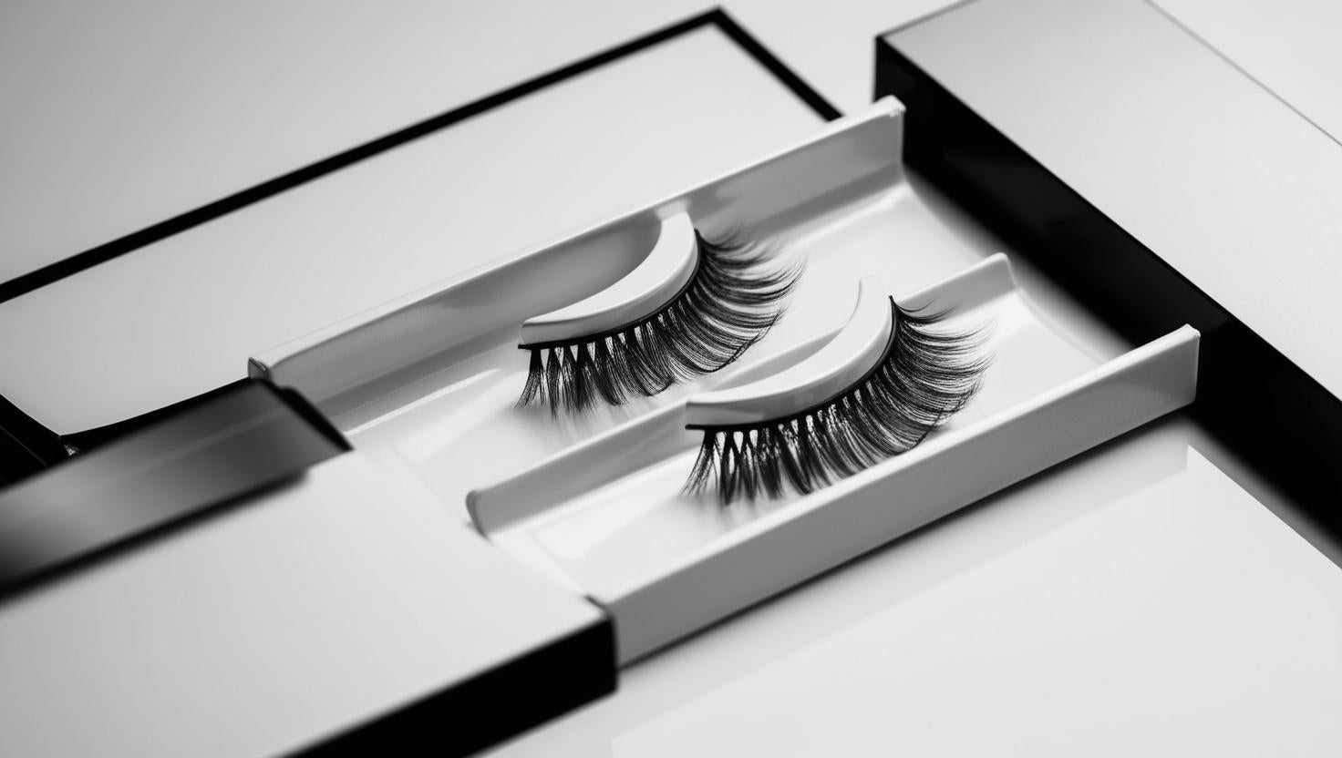 Une boîte blanche contenant un assortiment de faux cils, présentant divers styles pour rehausser la beauté des yeux.